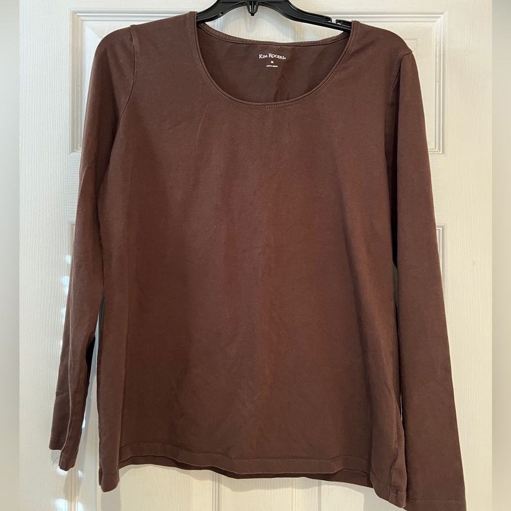 🤎 Tim Rogers Medium Brown Fitted Long Sleeve Blouse – Cotton & Spandex Blend ✨
